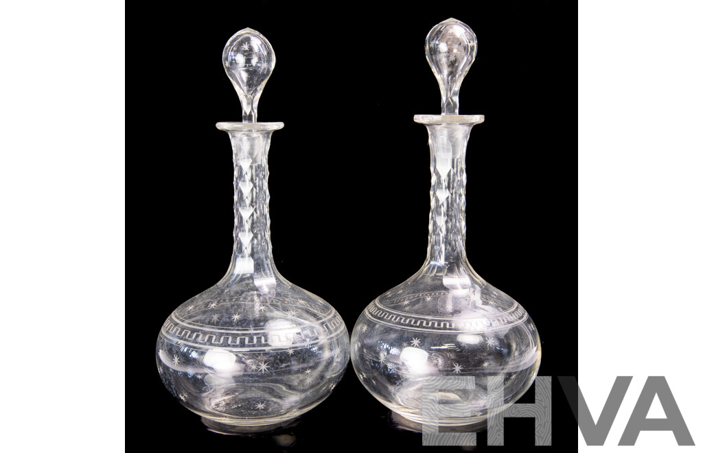 Good Pair Antique Crystal Decanters with Stoppers with Etched Star Pattern