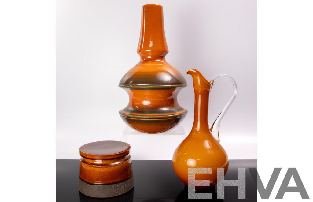 Collection Mid Century Pieces Comprising Danish Pottery Lidded Canister, Japanese Studio Pottery Vase & Funky Glass Burnt Orange Pitcher