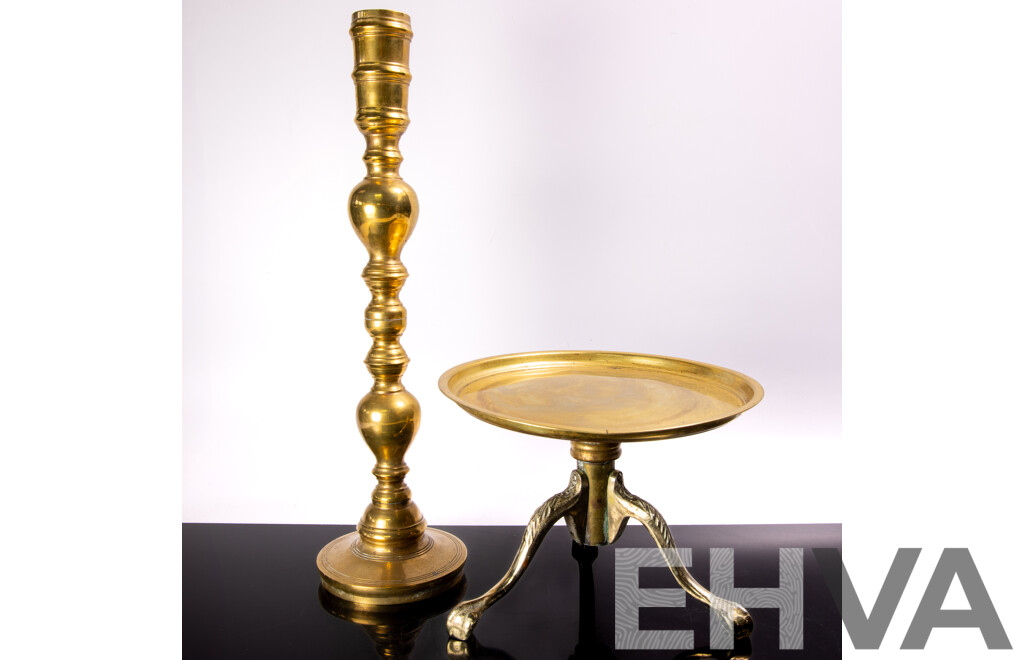 Brass Tray with Three Claw Feet Along with Brass Candle Holder