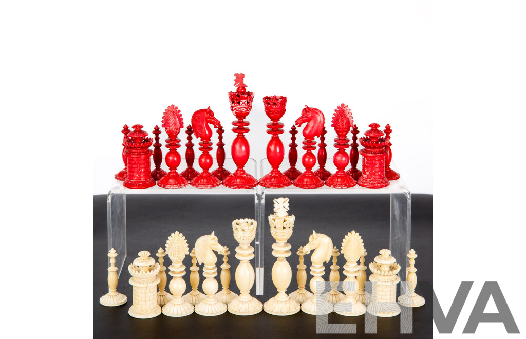 Fantistic Antique Chess Set with Turned Ivory Pieces by Calvert Maker, London, Circa 1820
