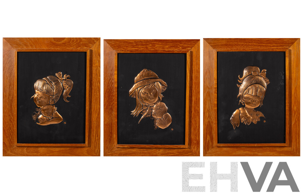 Artist Unknown, (20th Century), Girl with Cat, Girl with Dog & Girl with Hat and Dog, Lovely Trio of Vintage Mid-Century Copper Sheet Hammered Reliefs, 40 x 33 cm (frames) (3)