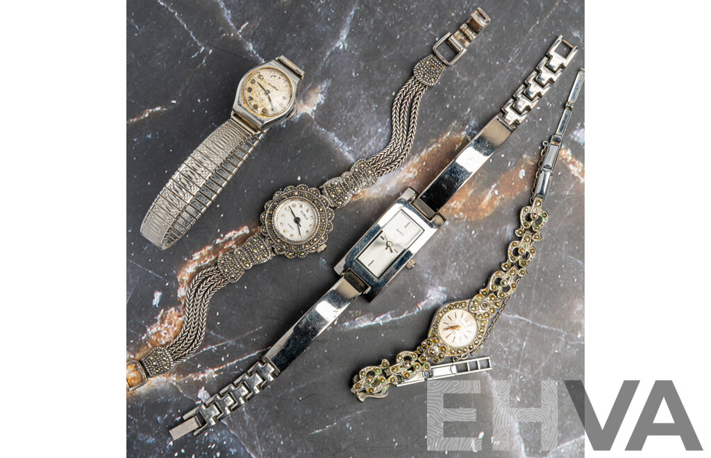 Omega Vintage Silver Tone Ladies Watch with (3) Other Vintage Watches Including Furla & Regent