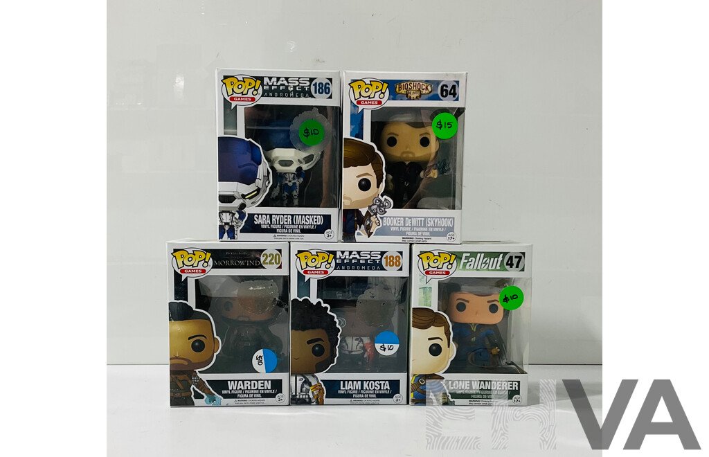 Collection of Five Funko Pop Vinyl Figures From Different Video Game Franchises Including Fallout, the Elder Scrolls, Bioshock and More in Original Packaging