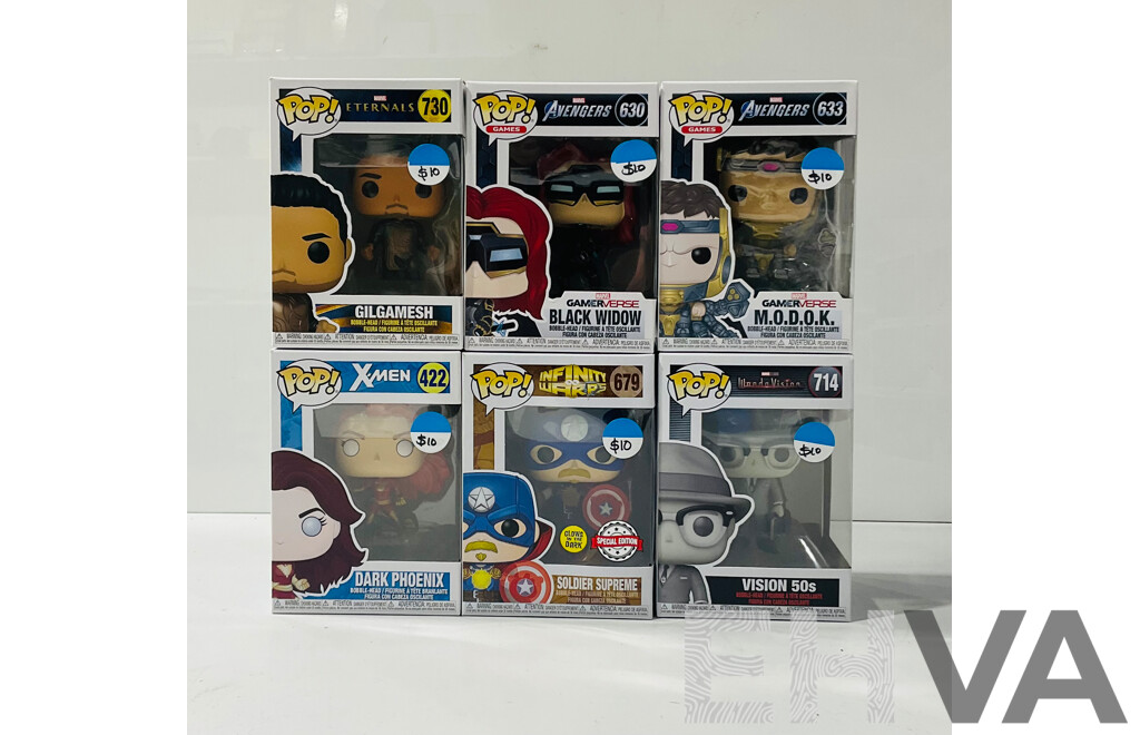Collection of Six Marvel Funko Pop Vinyl Figures Including Dark Phoenix, Visions, M.O.D.O.K and Mores in Original Packaging