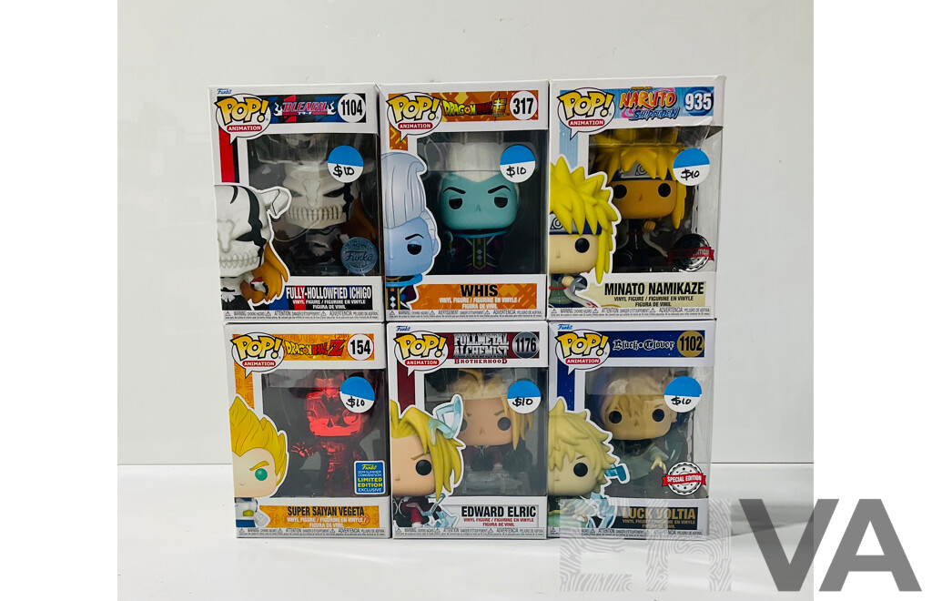 Collection of Six Funko Pop Vinyl Figures From Several Animes Including Dragonball, Bleach, Naruto and More in Original Packaging