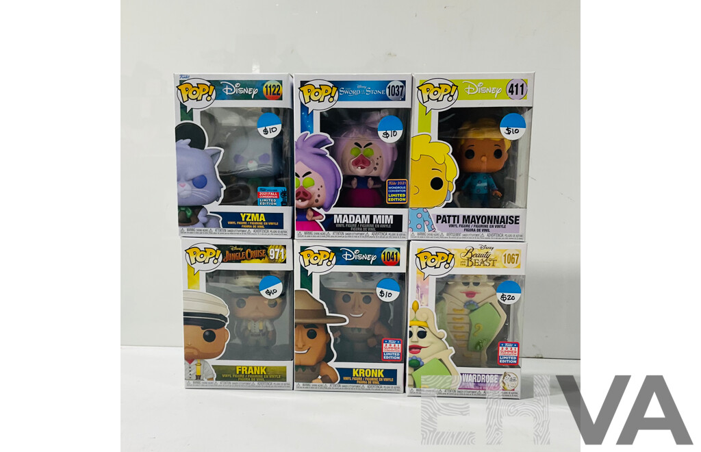 Collection of Six Funko Pop Vinyl Figures From Various Disney Movies Including the Emperor’s New Groove, the Sword in the Stone, Beauty and the Beast and More in Original Packaging