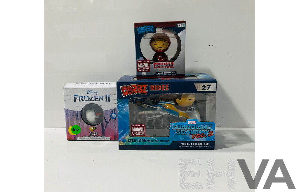 Two Dorbz Vinyl Statues Including Iron Man From Captain America Civil War and Star-lord with the Milano From Guardians of the Galaxy Vol.2 as Well as Olaf Vinyl Statue From Frozen II