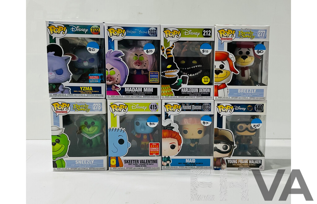 Collection of Eight Disney Funko Pop Vinyl Figures Including Yzma, Madam Mim, Harlequin Demon and More in Original Packaging