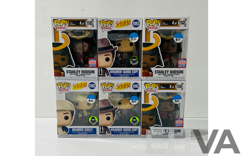 Collection of Six Funko Pop Vinyl Figures From the Office and Seinfeld Including Kramer (good Cop), Kramer (golf) and Stanley Hudson in Original Packaging