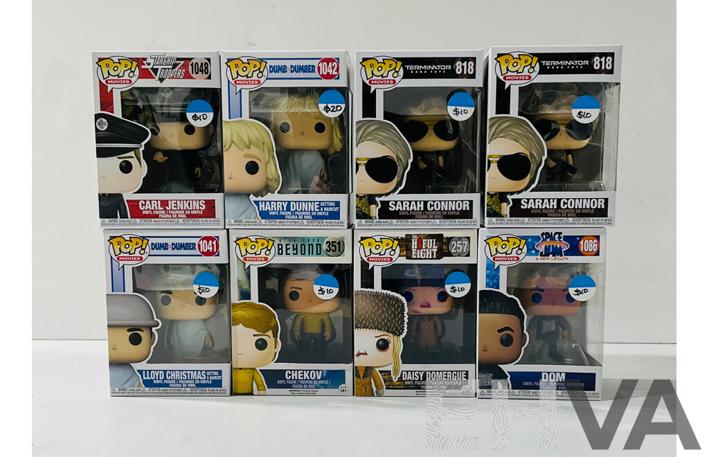 Collection of Eight Funko Pop Vinyl Figures From Several Movies Including Sarah Connor, Carl Jenkins, Daisy Domergue and More in Original Packaging
