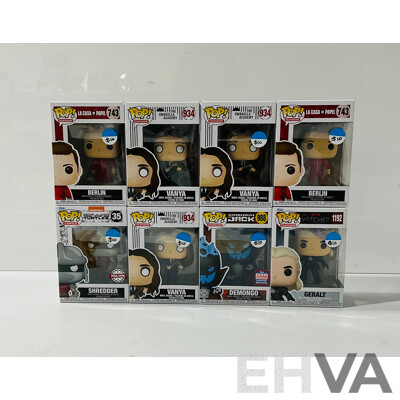 Collection of Eight Funko Pop Vinyl Figures From Several TV Shows Including the Witcher, the Umbrella Academy, Samurai Jack and More in Original Packaging