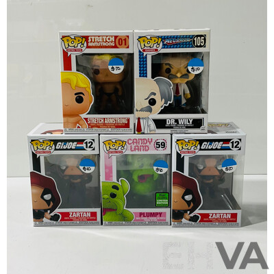 Collection of Five Funko Pop Vinyl Figures From Retro Games and Toys Including Stretch Armstrong, Zartan From G.I.joe and More in Original Packaging