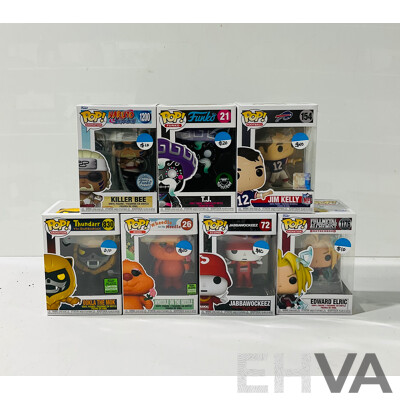Collection of Seven Funko Pop Vinyl Figures Including Jim Kelly, Edward Elric, Jabbawockeez and More in Original Packaging