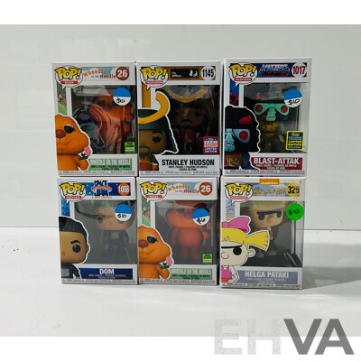 Collection of Six Funko Pop Vinyl Figures Including Stanley Hudson, Blast-attak, Wheedle on the Needle and More in Original Packaging