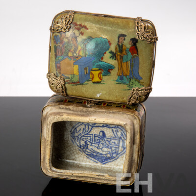Chinese Antique Style Porcelain Canton Enamel Export Lidded Box with Crackle Glaze Butterfly & Dragon Themed Metal Mounts and Erotic Scene to Interior