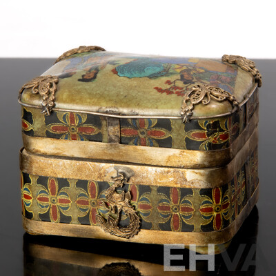 Chinese Antique Style Porcelain Canton Enamel Export Lidded Box with Crackle Glaze Butterfly & Dragon Themed Metal Mounts and Erotic Scene to Interior