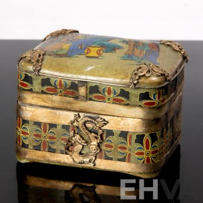 Chinese Antique Style Porcelain Canton Enamel Export Lidded Box with Crackle Glaze Butterfly & Dragon Themed Metal Mounts and Erotic Scene to Interior