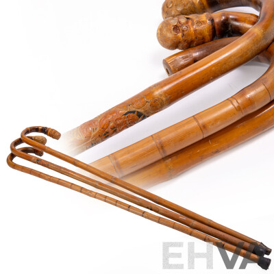 Collection Thee Hand Carved Asian Bamboo Walking Sticks Including Example with Demon Motif Detail