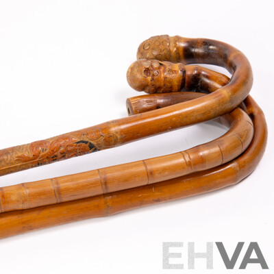 Collection Thee Hand Carved Asian Bamboo Walking Sticks Including Example with Demon Motif Detail