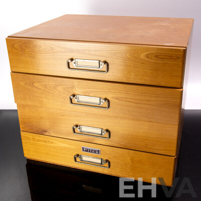 Wooden Four Drawer Slide Cabinet with Selection Slides Relating to Japanese Antiques and Art Including Jomon Pottery and More