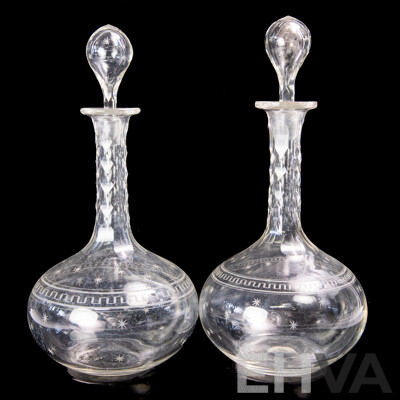 Good Pair Antique Crystal Decanters with Stoppers with Etched Star Pattern