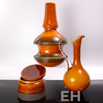 Collection Mid Century Pieces Comprising Danish Pottery Lidded Canister, Japanese Studio Pottery Vase & Funky Glass Burnt Orange Pitcher