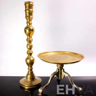 Brass Tray with Three Claw Feet Along with Brass Candle Holder