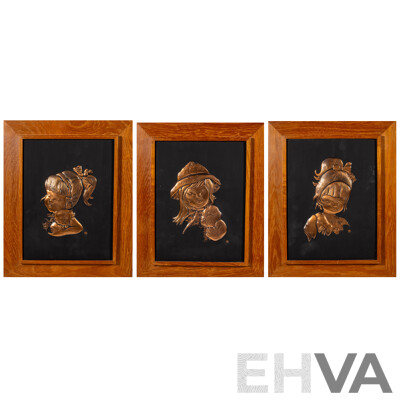Artist Unknown, (20th Century), Girl with Cat, Girl with Dog & Girl with Hat and Dog, Lovely Trio of Vintage Mid-Century Copper Sheet Hammered Reliefs, 40 x 33 cm (frames) (3)