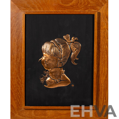 Artist Unknown, (20th Century), Girl with Cat, Girl with Dog & Girl with Hat and Dog, Lovely Trio of Vintage Mid-Century Copper Sheet Hammered Reliefs, 40 x 33 cm (frames) (3)
