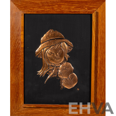 Artist Unknown, (20th Century), Girl with Cat, Girl with Dog & Girl with Hat and Dog, Lovely Trio of Vintage Mid-Century Copper Sheet Hammered Reliefs, 40 x 33 cm (frames) (3)