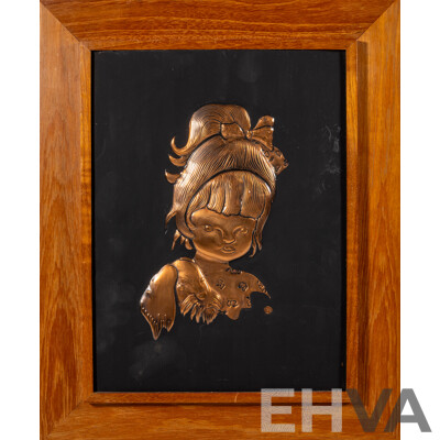 Artist Unknown, (20th Century), Girl with Cat, Girl with Dog & Girl with Hat and Dog, Lovely Trio of Vintage Mid-Century Copper Sheet Hammered Reliefs, 40 x 33 cm (frames) (3)