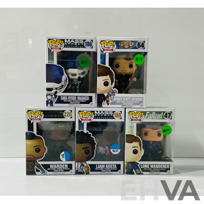 Collection of Five Funko Pop Vinyl Figures From Different Video Game Franchises Including Fallout, the Elder Scrolls, Bioshock and More in Original Packaging
