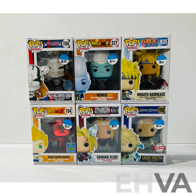 Collection of Six Funko Pop Vinyl Figures From Several Animes Including Dragonball, Bleach, Naruto and More in Original Packaging