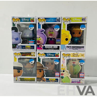 Collection of Six Funko Pop Vinyl Figures From Various Disney Movies Including the Emperor’s New Groove, the Sword in the Stone, Beauty and the Beast and More in Original Packaging