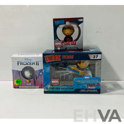 Two Dorbz Vinyl Statues Including Iron Man From Captain America Civil War and Star-lord with the Milano From Guardians of the Galaxy Vol.2 as Well as Olaf Vinyl Statue From Frozen II