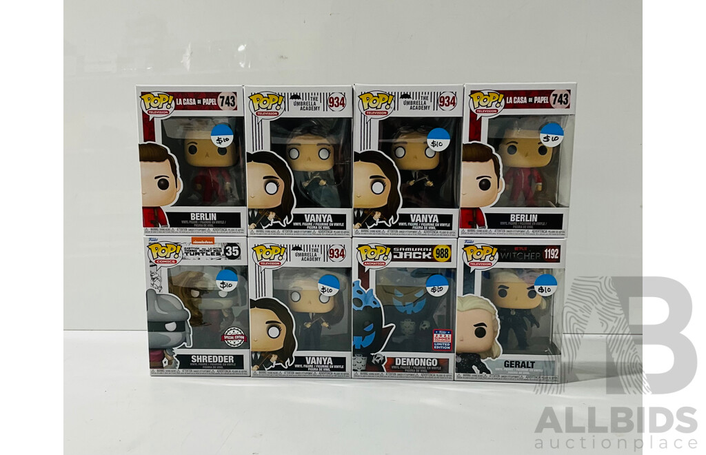 Collection of Eight Funko Pop Vinyl Figures From Several TV Shows Including the Witcher, the Umbrella Academy, Samurai Jack and More in Original Packaging