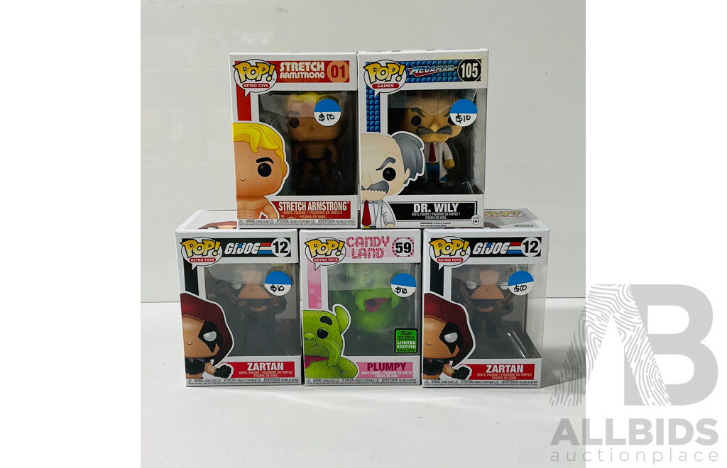 Collection of Five Funko Pop Vinyl Figures From Retro Games and Toys Including Stretch Armstrong, Zartan From G.I.joe and More in Original Packaging