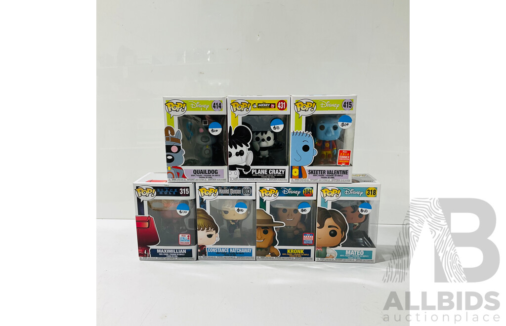 Collection of Seven Disney Funko Pop Vinyl Figures Including Kronk, Plane Crazy Mickey Mouse, Quaildog and More in Original Packaging