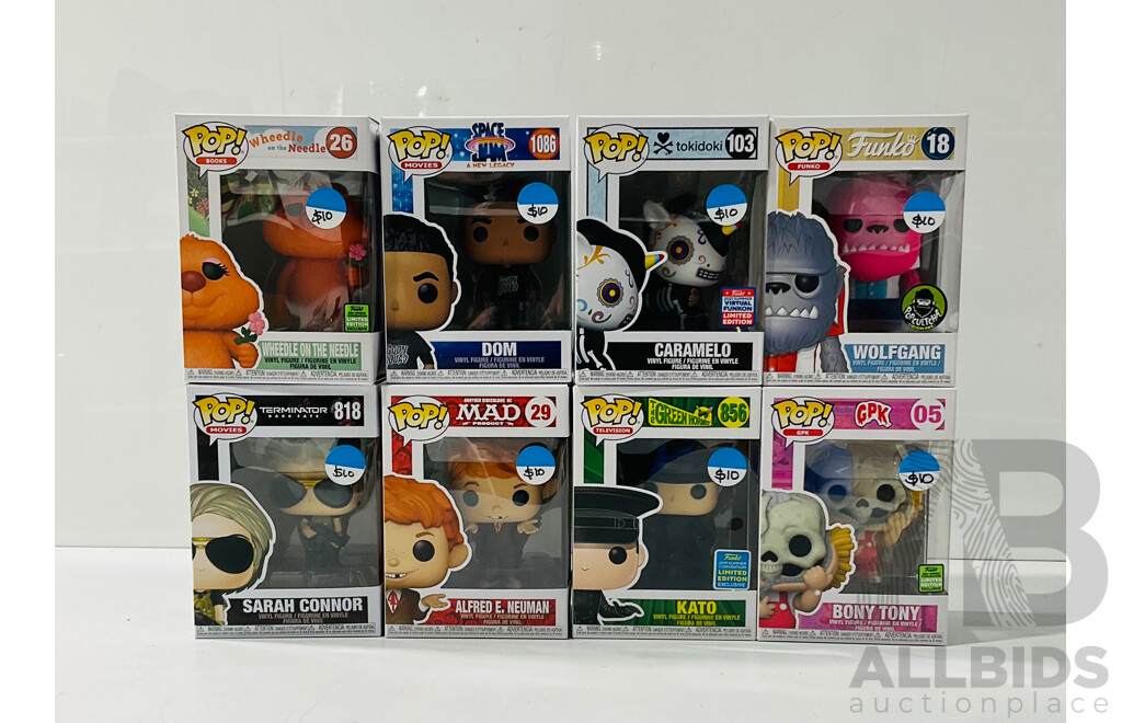Collection of Eight Funko Pop Vinyl Figures Including Alfred E. Neuman, Sarah Connor, Wolfgang and More in Original Packaging