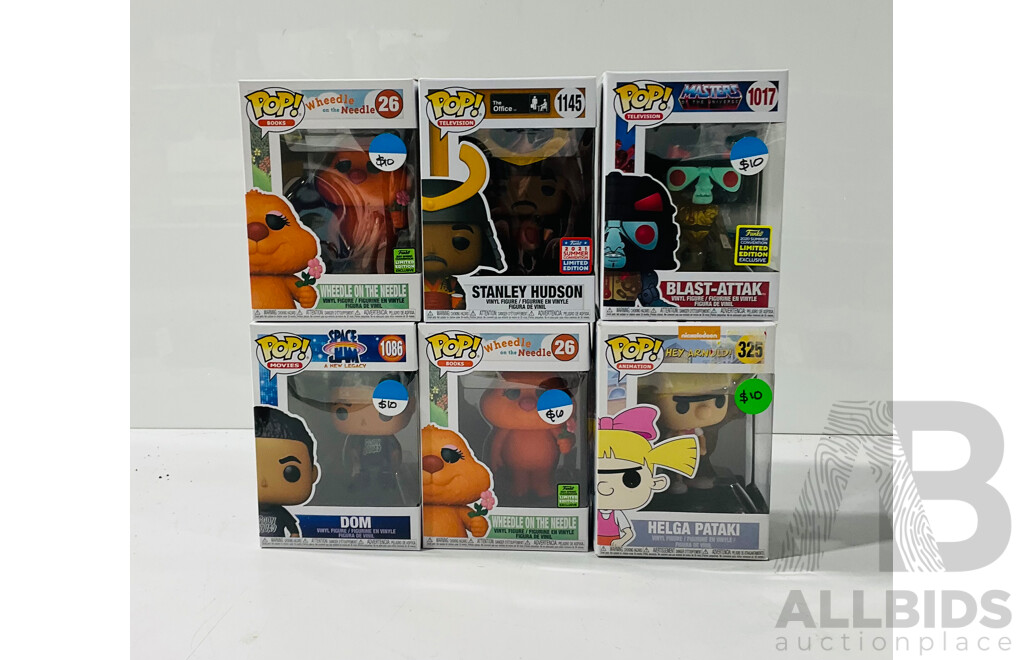 Collection of Six Funko Pop Vinyl Figures Including Stanley Hudson, Blast-attak, Wheedle on the Needle and More in Original Packaging