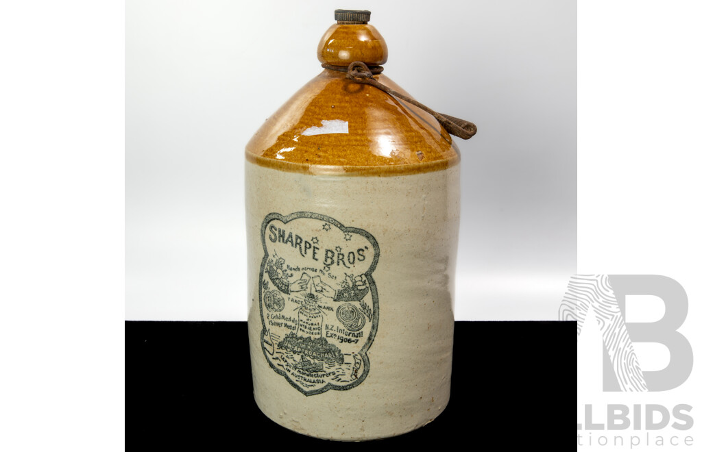 Antique Australian Pottery Demijohn for Sharpe Bros, Probably Bendigo with War Grade Stopper