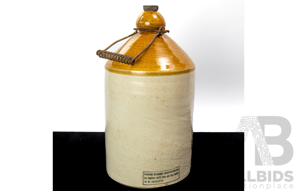 Antique Australian Pottery Demijohn for Sharpe Bros, Probably Bendigo with War Grade Stopper