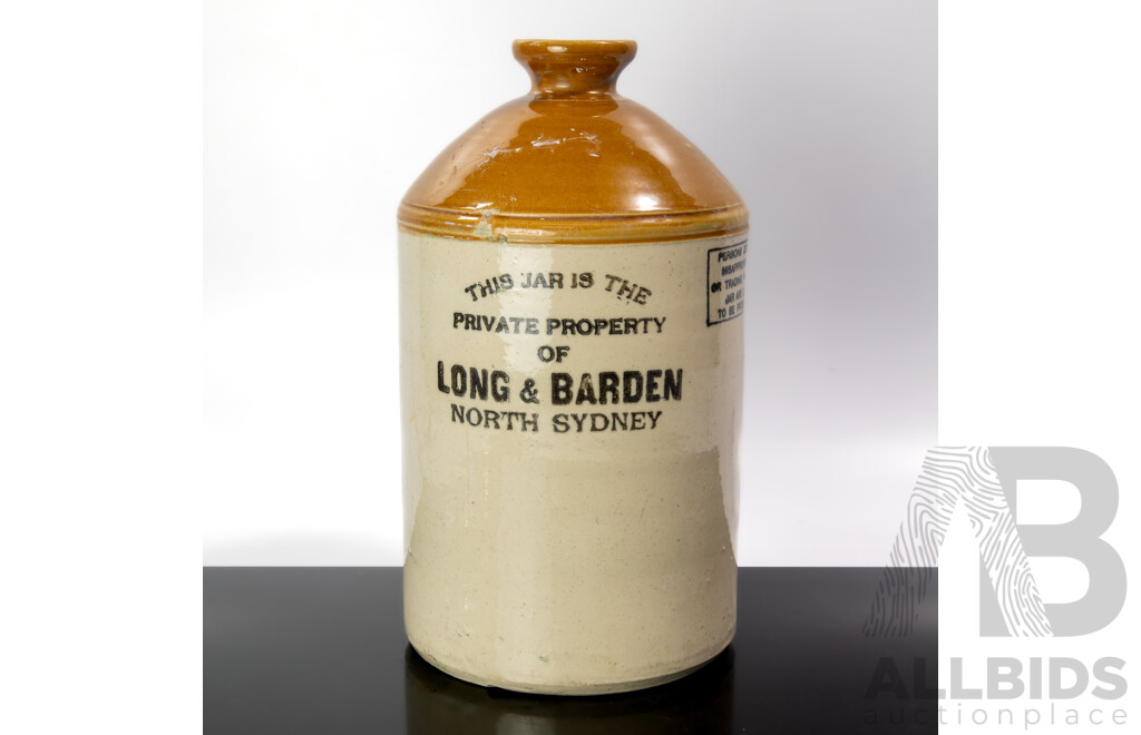 Antique Australian R Fowler Sydney Pottery Demijohn for Long & Barden North Sydney