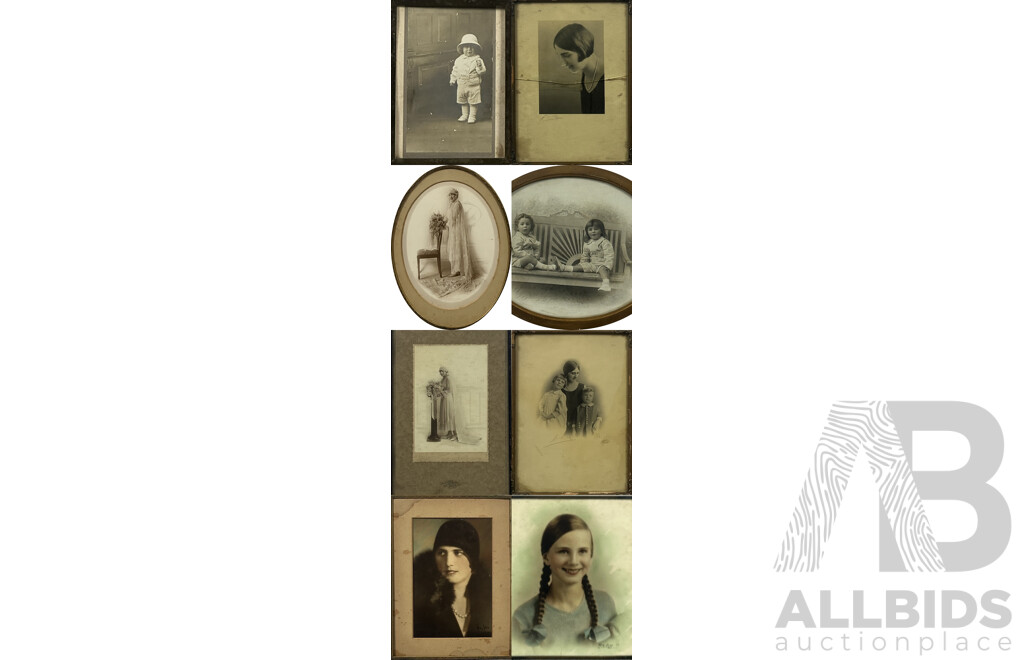 Wonderful Collection of Framed Vintage Photographs (c1920s), Includes Pair of Wedding Photographs, Three Girl Portraits, Mother and Children and Two Children, 36 x 26 cm (largest) (8)