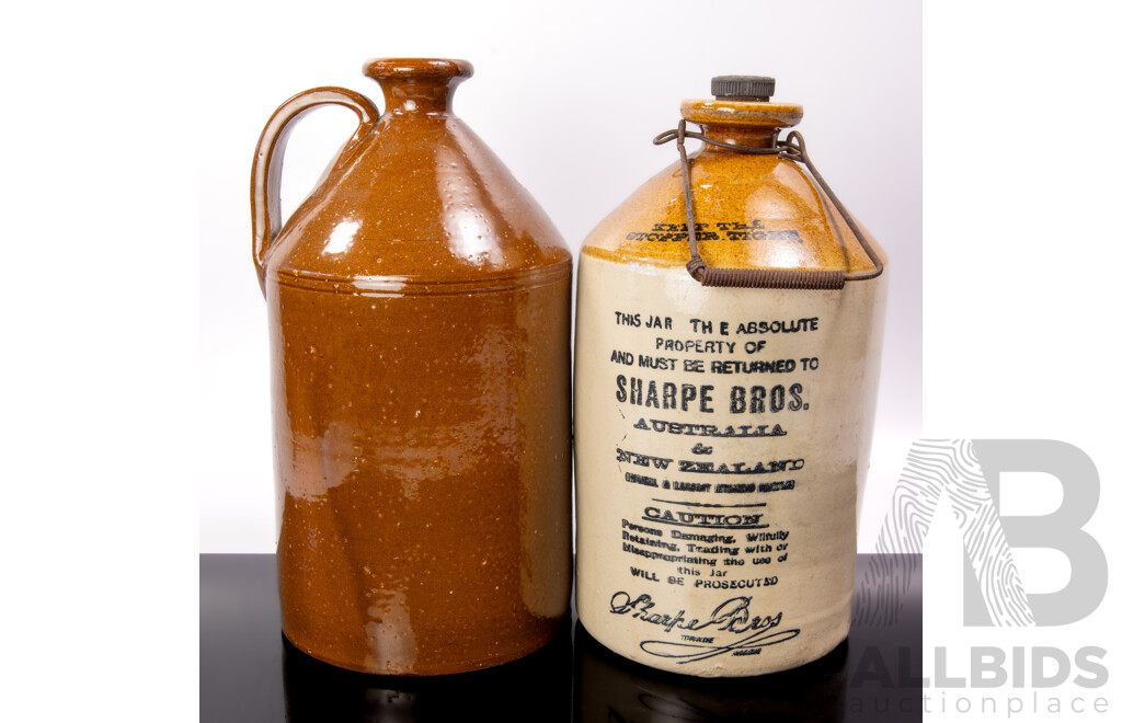 Antique Australian Pottery Demijohn for Sharpe Bros Along with Another Epsom Glazed Example