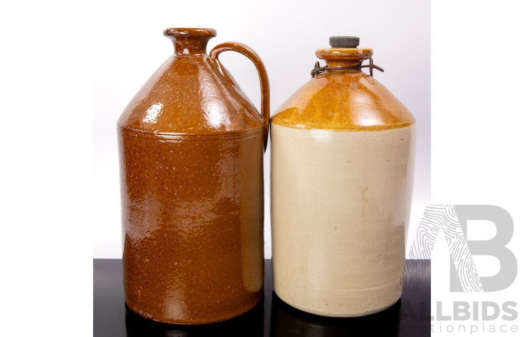 Antique Australian Pottery Demijohn for Sharpe Bros Along with Another Epsom Glazed Example