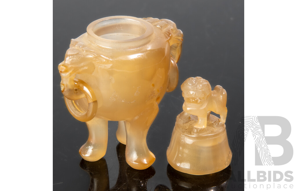 Miniature Chinese Agate Carved Censer with Loose Ring Handles, Pho Dog Finial and Tall Tripod Feet
