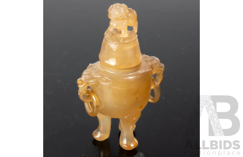Miniature Chinese Agate Carved Censer with Loose Ring Handles, Pho Dog Finial and Tall Tripod Feet