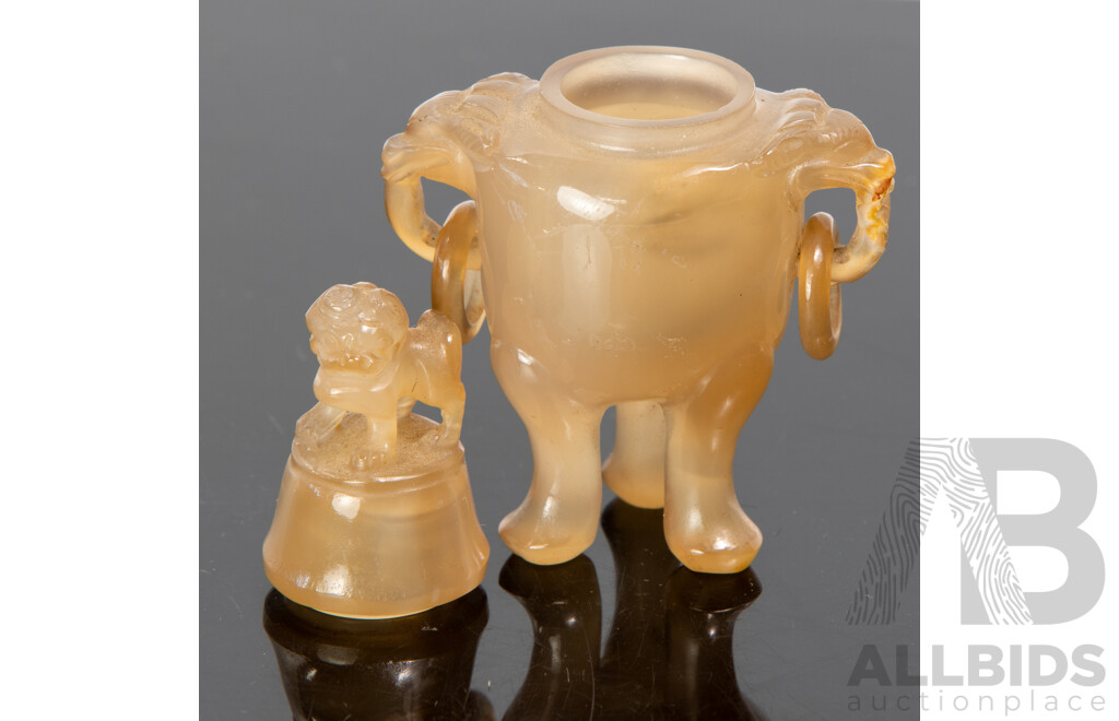 Miniature Chinese Agate Carved Censer with Loose Ring Handles, Pho Dog Finial and Tall Tripod Feet