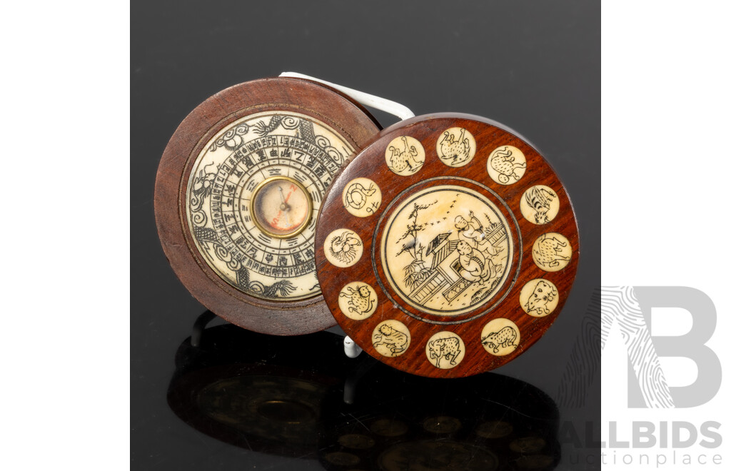 Chinese Antique Style Wood & Bone Inlay Zodiac and Celestial Calendar